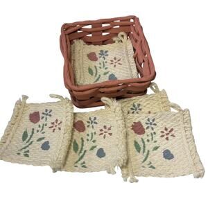 Vintage Pink Wicker Coaster Set Cottagecore Basket Holder w/ 6 Floral Coasters
